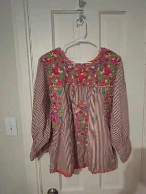 ivy jane striped cream blouse with multicolor floral embroidery